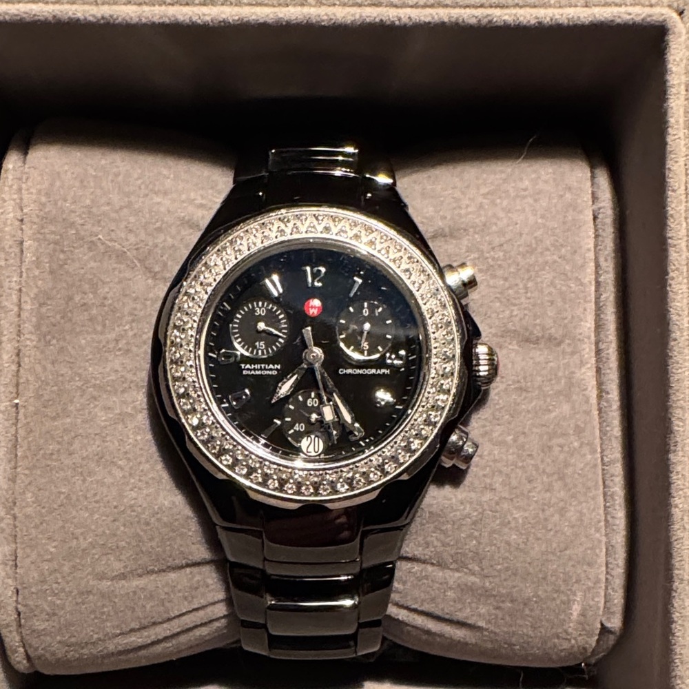 Michele Women's Black and Silver Chronograph Watch